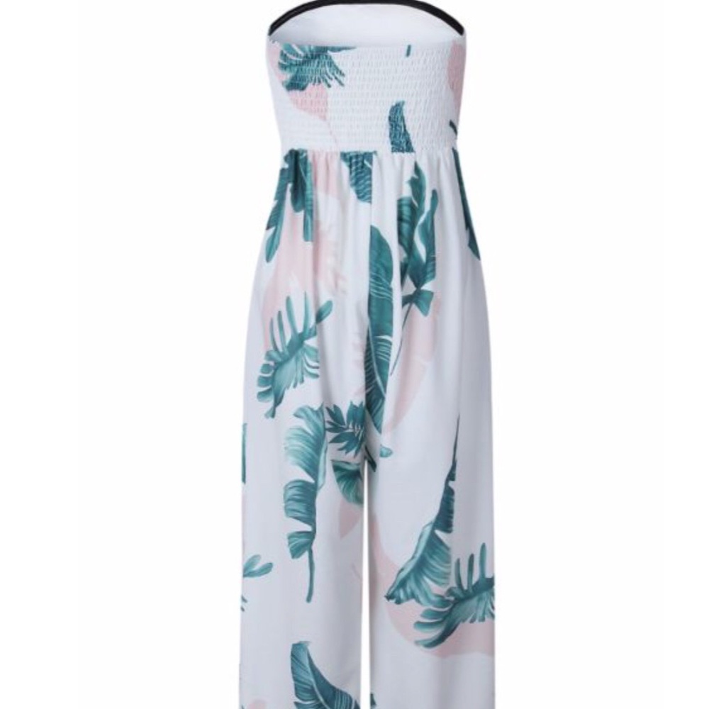 Strapless White Leaves Printed Wide Leg Jumpsuit - Picture 4 of 6